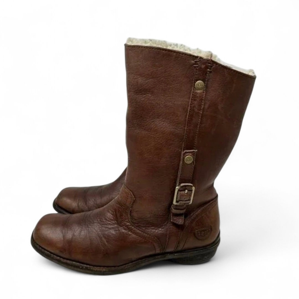 UGG Bellevue Brown Leather Shearling Lined Moto Biker Mid-Calf Boots Size 7
